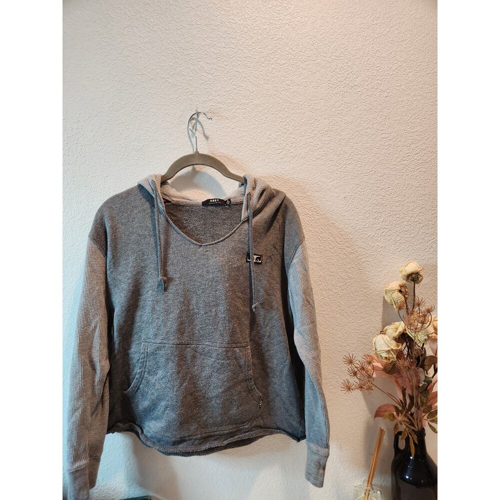 Obey‎ Worldwide Women's Small Gray Hoodie Fair Trade Waffle Sleeve Pullover